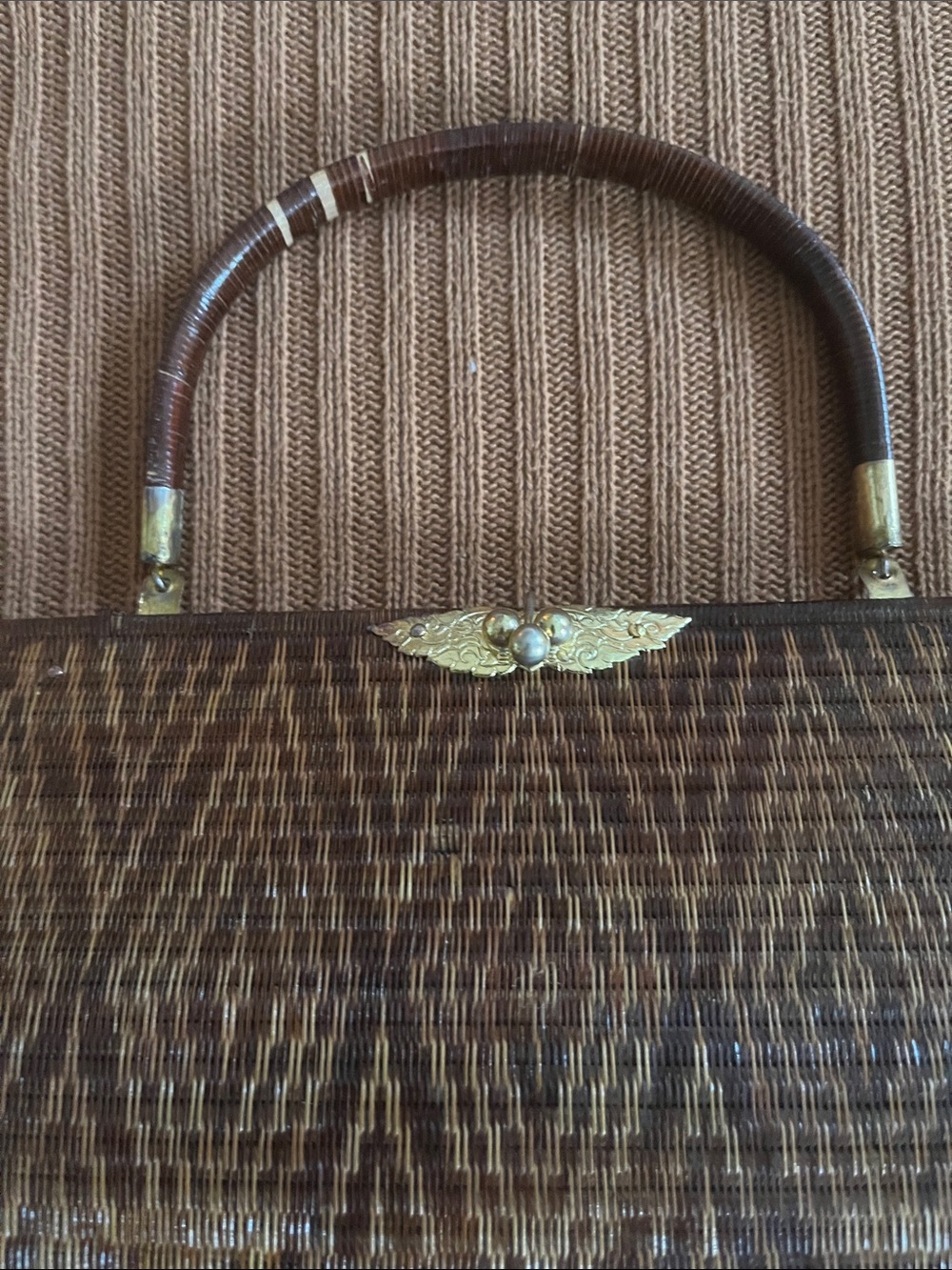 Vintage Woven Brown Top-Handle Women’s Bag with Gold Accent